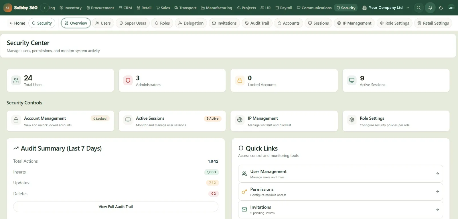 Selbby 360 ERP Security Centre overview