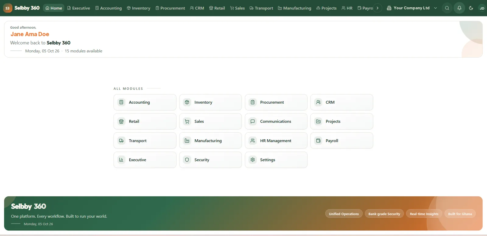 Selbby 360 ERP home screen