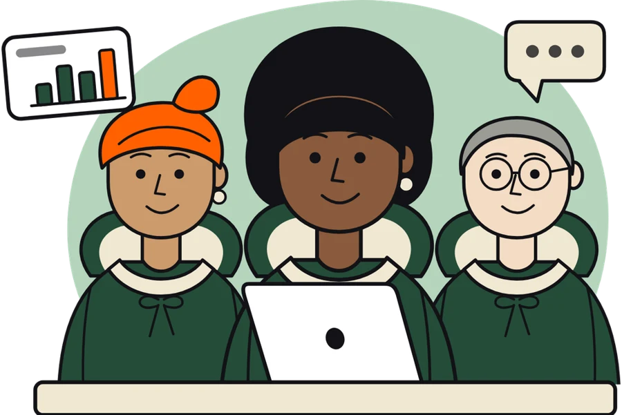 Three illustrated Selbby team members working together at a laptop