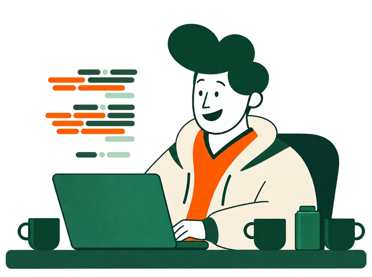 Illustrated Selbby user working happily at a green desk